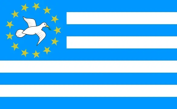 Blue and white striped flag with a white dove inside a ring of gold stars, the Southern Cameroons flag.