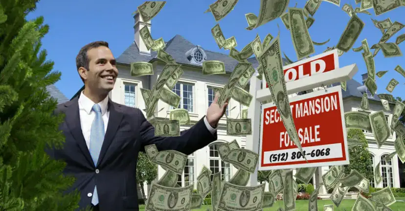 George P. Bush smiling beside a mansion with a "Secret Mansion For Sale" sign as cash rains down.