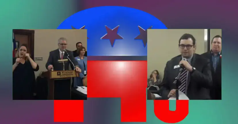 Two video stills of men speaking at a meeting, set over the red, white and blue Republican elephant logo.