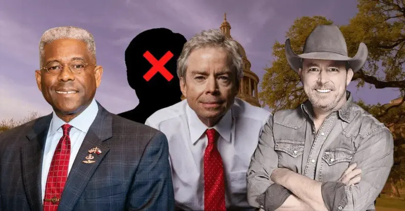 Allen West, Don Huffines and Chad Prather beside a crossed-out silhouette in front of the Texas Capitol.