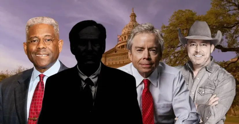 Composite of three candidates and one blacked-out silhouette in front of the Texas Capitol.