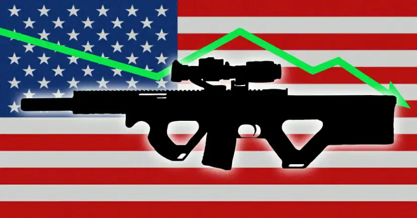 Black silhouette of a scoped rifle over a U.S. flag with a green line chart trending downward.
