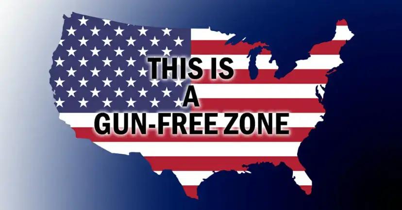 U.S. map in the pattern of the U.S. flag with the words "This Is a Gun-Free Zone."