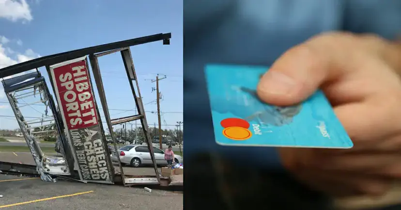 Split image of a storm-wrecked Hibbett Sports sign in a parking lot and a hand holding out a debit card.