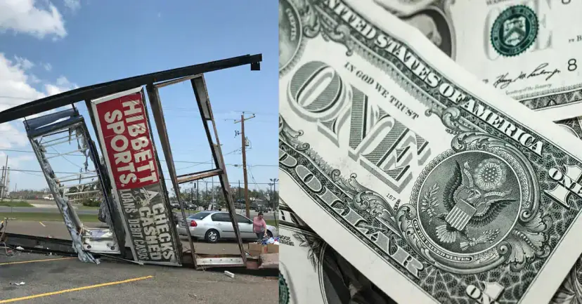 A hurricane wrecked Hibbett Sports sign and storefront frame beside a close view of U.S. one dollar bills.