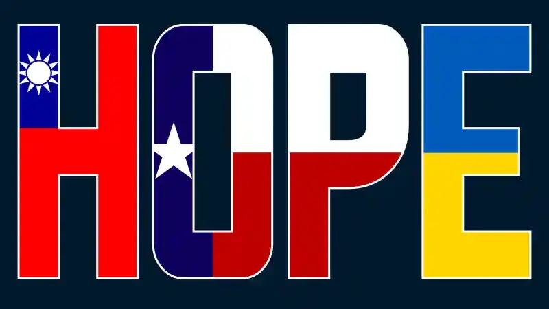 The word 'HOPE' spelled in letters patterned with flags, including those of Taiwan, Texas and Ukraine.