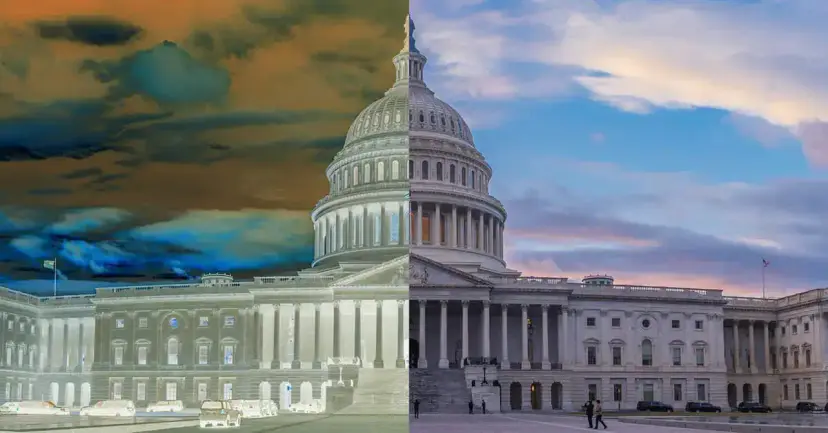 The Capitol building in Washington split down the middle, one half in inverted colors and one half natural.