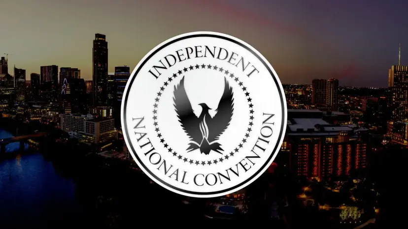 Independent National Convention seal with an eagle emblem over a city skyline at dusk