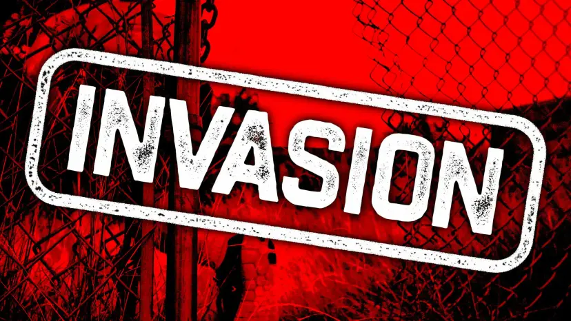Graphic stamped 'Invasion' in white letters over a red tinted chain link border fence.