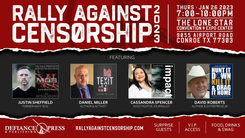 Rally Against Censorship flyer for January 26, 2023 in Conroe featuring four speakers, including Daniel Miller