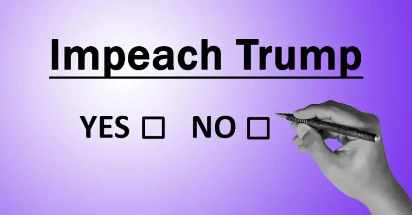 Graphic reading 'Impeach Trump' with yes and no checkboxes and a hand holding a pen.