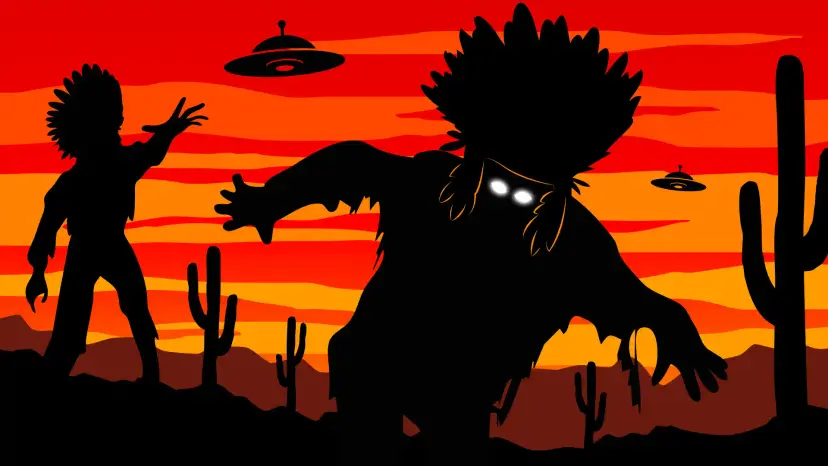 Silhouettes of feathered zombie figures and flying saucers against a red and orange desert sunset with cacti