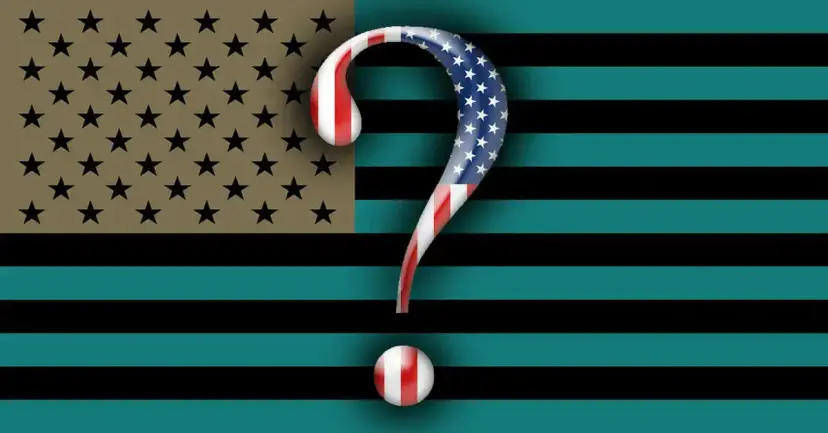 An American flag in muted teal and black with a large red, white and blue question mark over it.