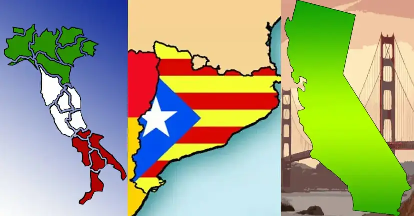 Three-panel graphic of maps of Italy, Catalonia in its striped flag colors, and California beside the Golden Gate Bridge.