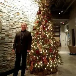 A man in a dark jacket standing beside a lit, decorated Christmas tree in a stone walled lobby.