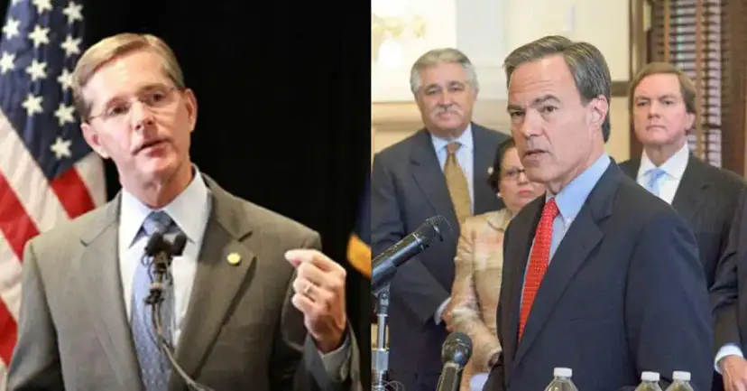 Side by side photos of Phil King speaking at a podium and Joe Straus at a press conference.