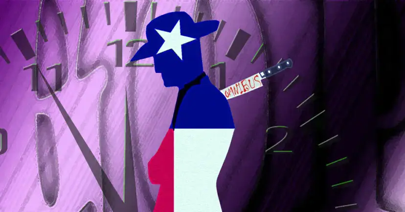 A figure in Texas flag colors with a knife labeled "Omnibus" in his back, in front of a clock face.