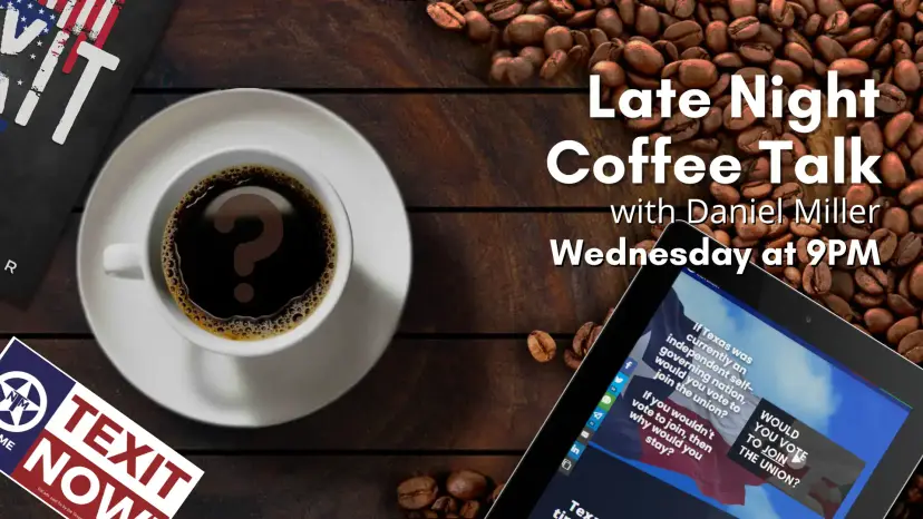 Coffee cup and TEXIT Now sign on a wooden table under the title Late Night Coffee Talk with Daniel Miller.
