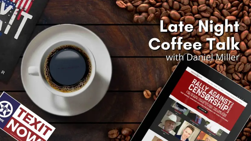 Late Night Coffee Talk with Daniel Miller: coffee beside a Rally Against Censorship page on a tablet