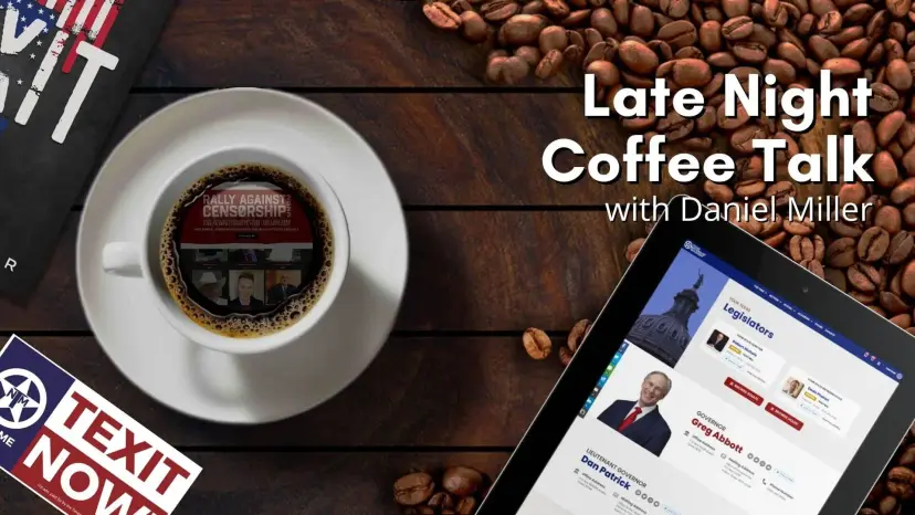 Late Night Coffee Talk with Daniel Miller graphic with a coffee cup and a legislator directory on a tablet