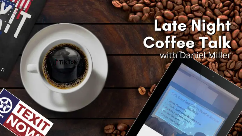 'Late Night Coffee Talk with Daniel Miller' title over coffee showing a TikTok logo beside a tablet.