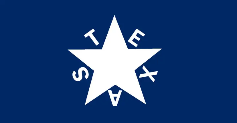 A white star with the letters T, E, X, A and S on a dark blue field.