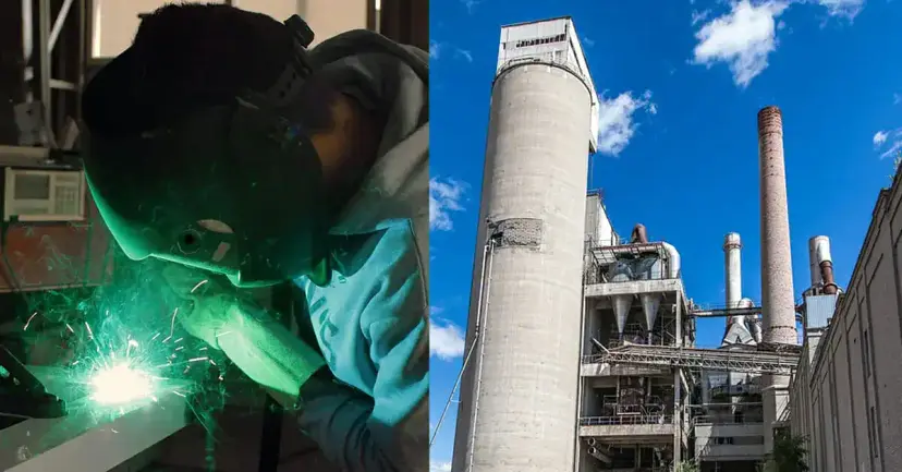 Split image of a welder working amid green sparks and an industrial plant with a silo and smokestacks.