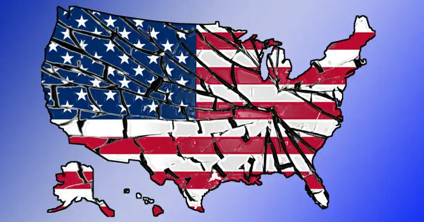 Map of the United States in American flag colors, cracked into pieces like shattered glass.