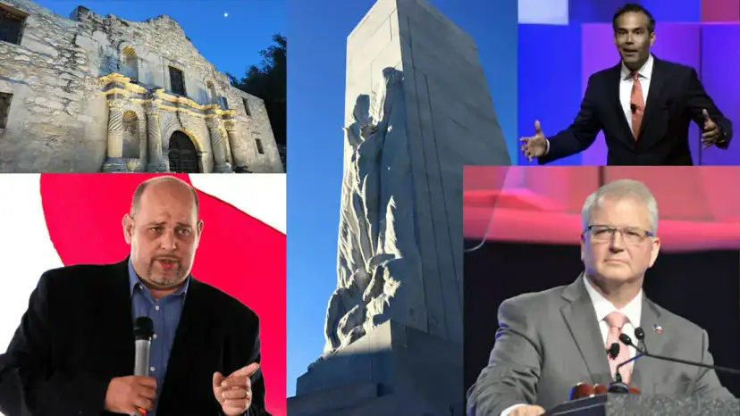 Collage of the Alamo, the Cenotaph, Daniel Miller with a microphone, George P. Bush, and a man at a podium.