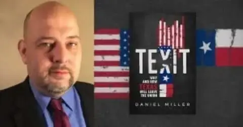 Daniel Miller, a bald man with a goatee in a suit, beside the cover of his book "Texit."