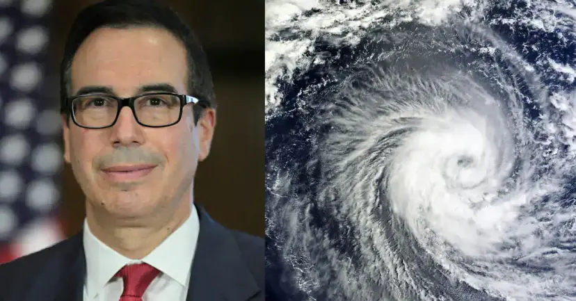 Treasury Secretary Steven Mnuchin beside a satellite image of a hurricane.