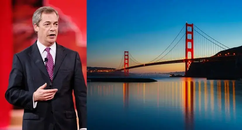 Man in a suit and purple tie speaking on stage, beside a photo of the Golden Gate Bridge at dusk.