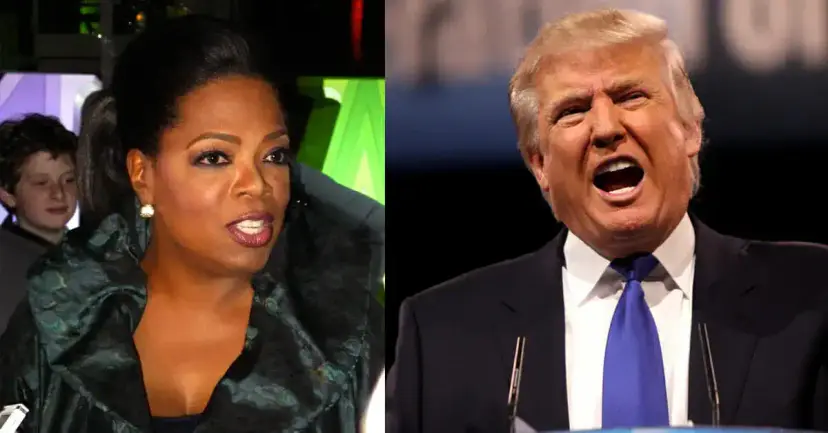 Oprah Winfrey at an event beside Donald Trump shouting at a podium.