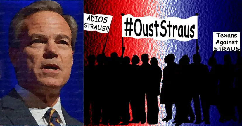 Joe Straus beside silhouetted protesters holding signs reading 'Oust Straus' and 'Adios Straus!!'