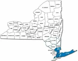New York State County Map, partitioned into New Amsterdam Region and New York Region
