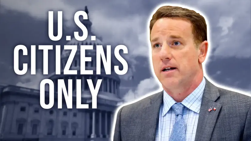 Congressman in a suit and tie beside text reading 'U.S. Citizens Only' over the U.S. Capitol