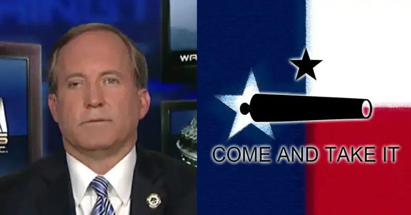 Texas Attorney General Ken Paxton beside a white "Come and Take It" flag with a black cannon and star.