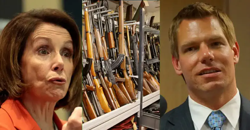 Composite of a surprised woman, a rack of rifles in a gun store, and a man in a suit.
