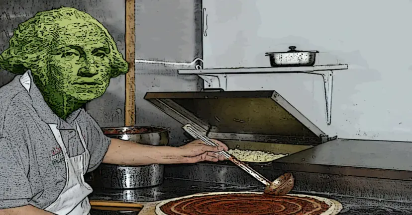 Cartoon-style image of George Washington's face on a cook spreading sauce on a pizza in a kitchen.