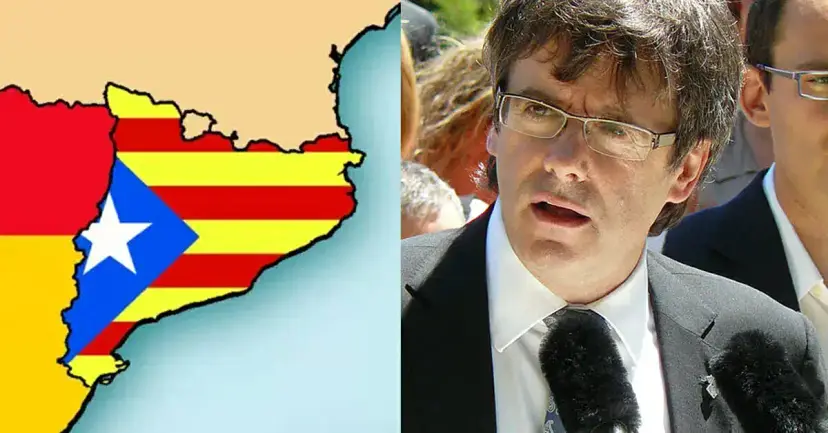 Map of Catalonia filled with the Catalan independence flag beside Carles Puigdemont speaking into microphones.