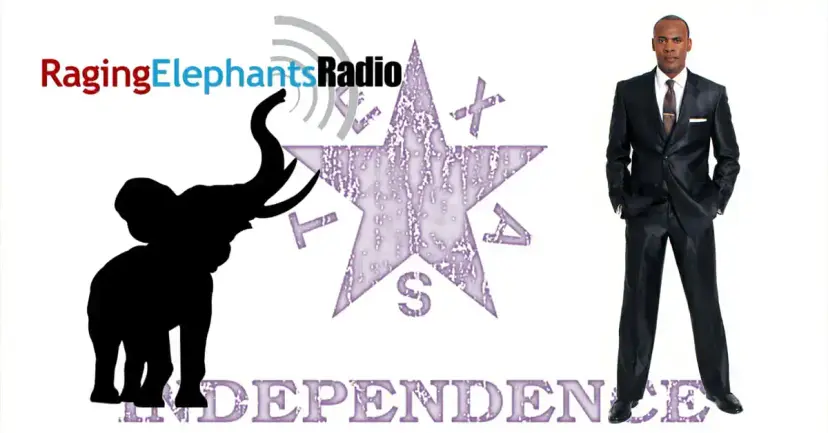 Raging Elephants Radio graphic with an elephant silhouette, a Texas independence star and Apostle Claver in a dark suit.