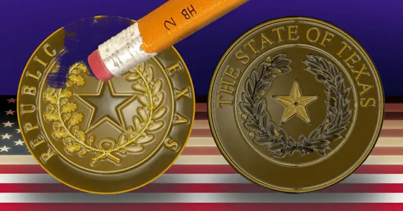 A pencil eraser rubbing out the Republic of Texas seal beside the State of Texas seal.