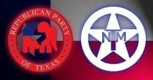 The Republican Party of Texas seal beside the TNM star logo on a Texas flag background.