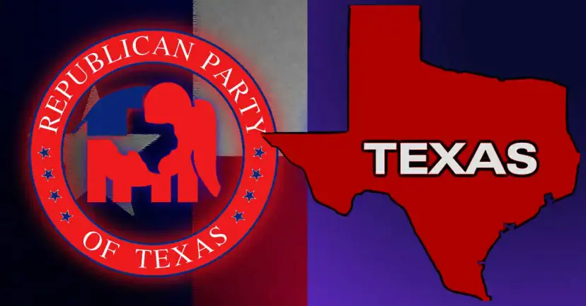 Republican Party of Texas seal beside a red map of Texas with the word "Texas" across it.