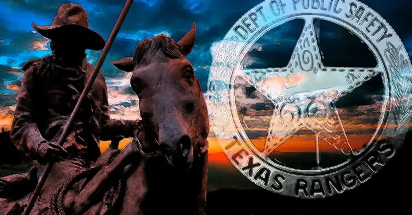 Silhouetted statue of a mounted Texas Ranger beside a Texas Rangers Department of Public Safety badge at sunset.