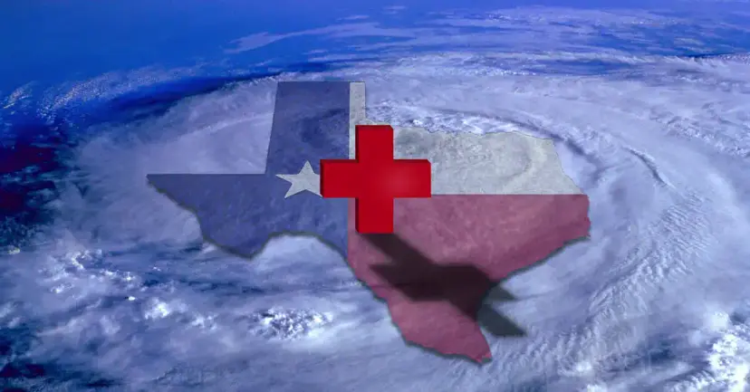 The Texas flag in the shape of Texas with a red cross over a satellite view of a hurricane.