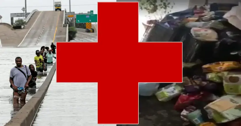 The Red Cross symbol over photos of people wading through floodwater and piles of discarded supplies.