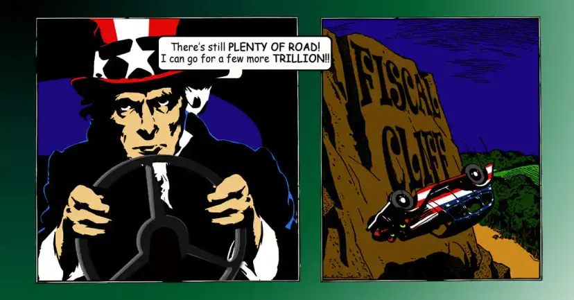 Comic of Uncle Sam driving toward a "Fiscal Cliff" as a car tumbles off the edge.
