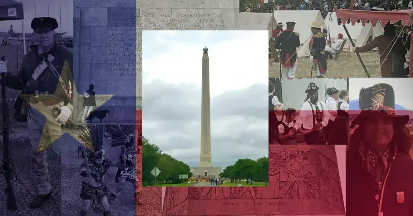 Collage of the San Jacinto Monument and battle reenactors in period dress over a Texas flag.