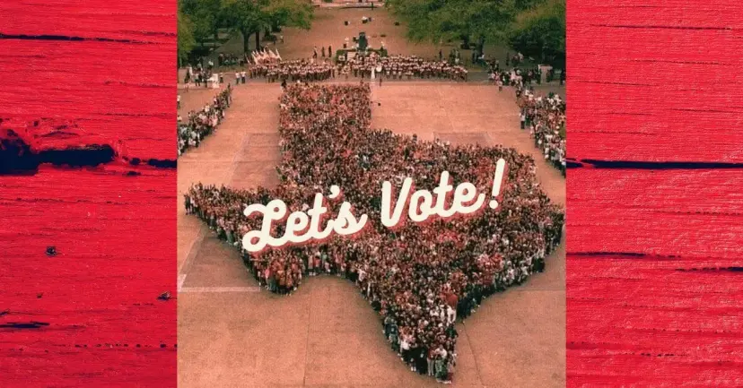 Aerial photo of a crowd forming the shape of Texas with the words 'Let's Vote!'
